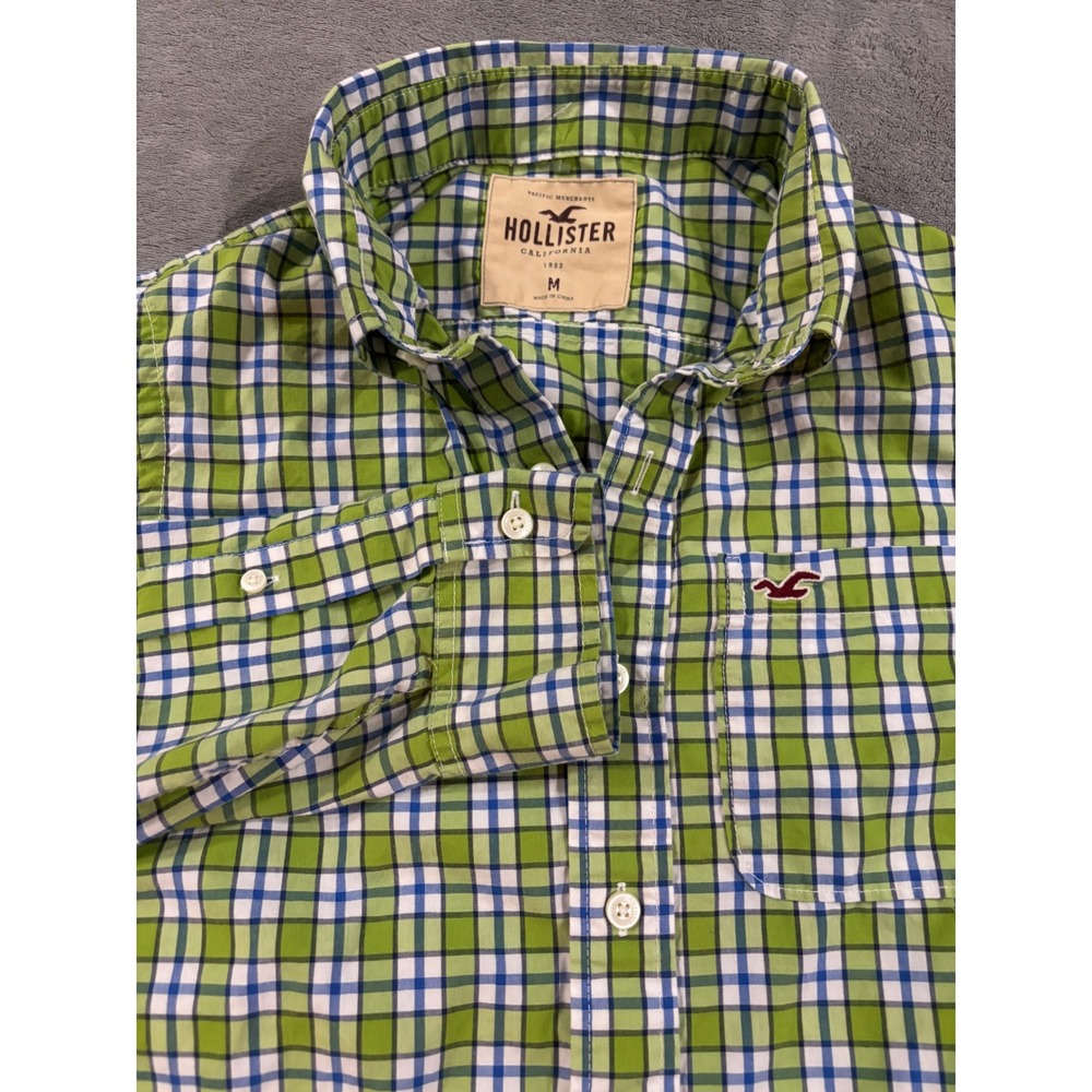 Hollister Mens Medium Green Blue Plaid Long Sleeve Button Down Shirt Cotton